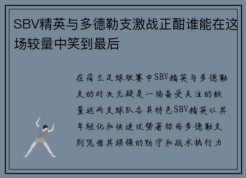SBV精英与多德勒支激战正酣谁能在这场较量中笑到最后
